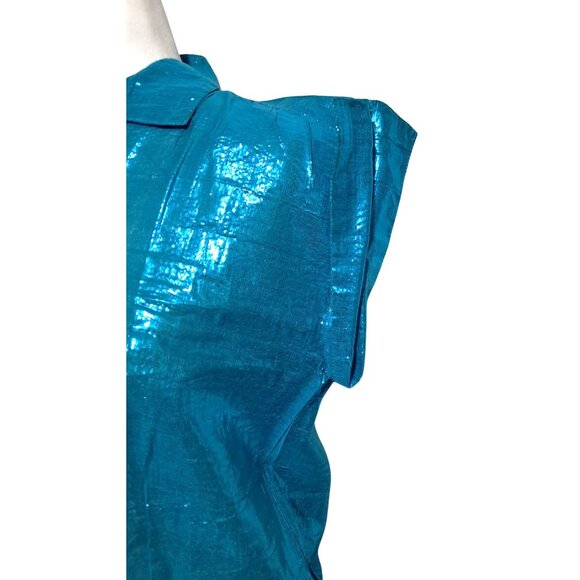 Vintage Blue Top Womens Size 3 Metallic Button Up Short Sleeve Shirt by Nina NOS - Picture 12 of 14